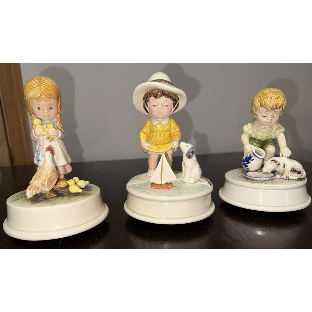 Set Of 3 Vintage Otagiri Hand-Painted Revolving Porcelain Music Boxes Japan